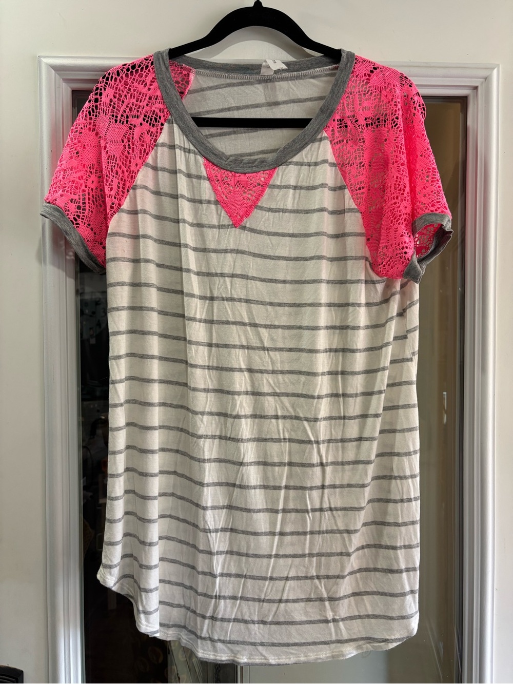 Honeyme Cream and Gray Striped Tee with Neon Pink Lace Raglan Sleeves